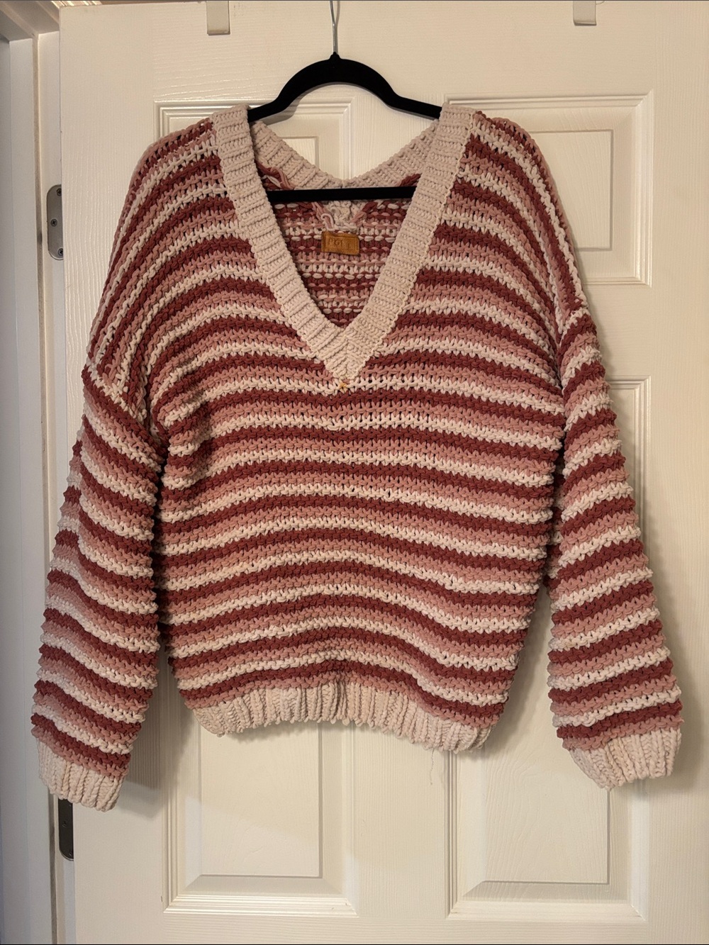 Cozy Striped V-Neck Sweater in Dusty Rose and Cream